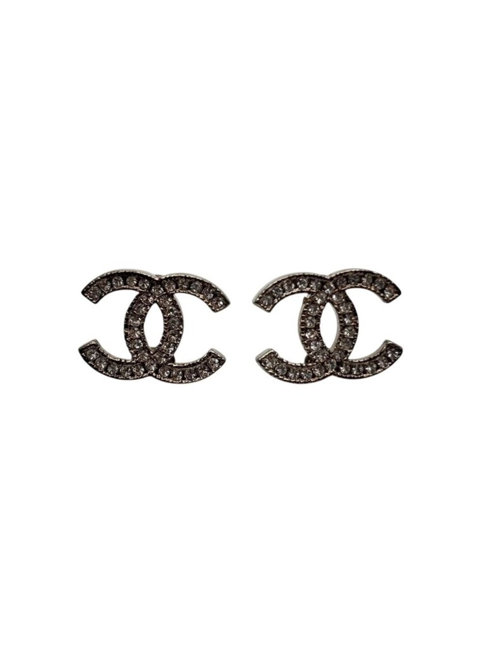Chanel CC Logo Silver Rhinestone Earrings